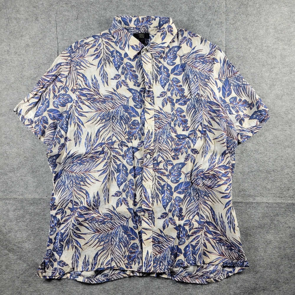 Club Room Luxury Tropical Floral Blue Linen Button up Shirt Pocket Men Size XXL